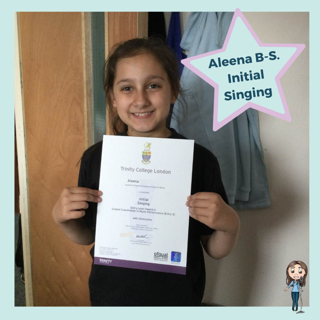 Aleena passed her Initial Grade Singing exam with Sweet Symphony School of Music